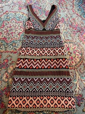 Sleeveless High-Low Tribal Print Dress in Coral & Black